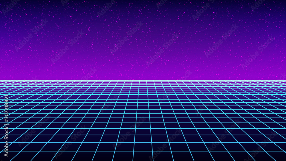 Aufkleber synthwave backround template. retro futuristic perspective grid backdrop. simple sci-fi retro party 