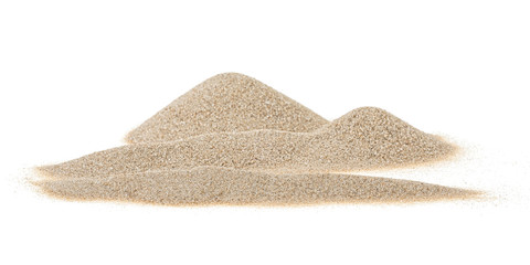Fototapeta na wymiar Pile of dry desert sand isolated on white background, front view. Sand dunes.