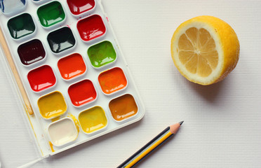  watercolor and lemon  with white background