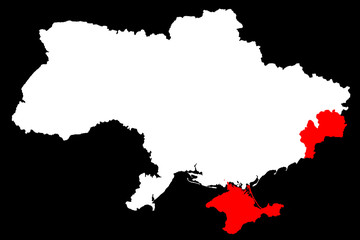 Map of Ukraine and the conflict with Russia. Anexed Crimea. DNR war. White Red and Black background