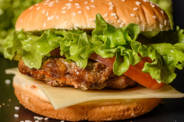 Tasty grilled homemade burger with beef, tomato, cheese, cucumber and lettuce
