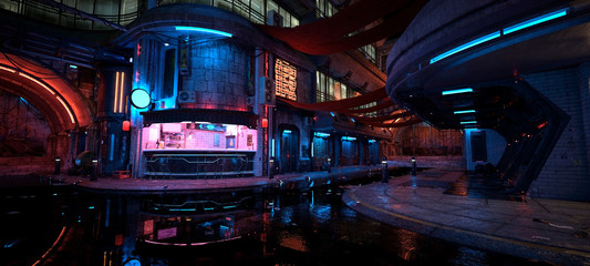 Neon night in a futuristic city. Photorealistic 3D illustration. Wallpaper in a cyberpunk style. Empty street with neon lights reflecting in a water. Beautiful night cityscape. Grunge urban landscape.