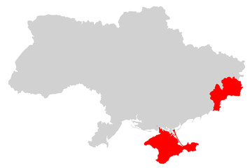 Map of Ukraine and the conflict with Russia. Anexed Crimea. DNR war. Gray Red and White background