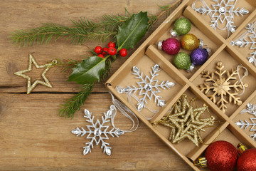 Christmas decorations on rustic wood