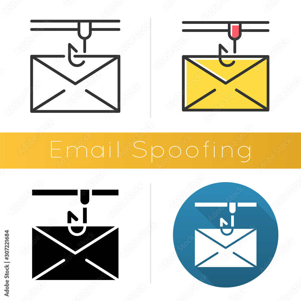 Poster email spoofing icon. illegitimate business. forged sender. spamming. fake email header. mail phishin