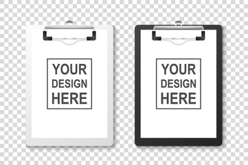 Vector 3d Realistic White and Black Clipboard with Folded Blank Paper and Metal Clip Icon Set Closeup Isolated on Transparent Background. Design Template for Notes, Checklist, Questionnaire, Reminders