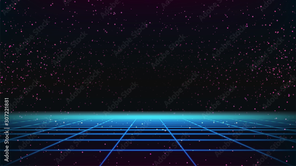 Poster synthwave 80s grid template. retro future wireframe game landscape on starry sky. abstract sci-fi fu