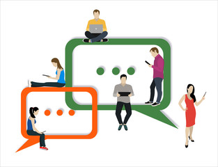 Social network web site surfing concept illustration of young people using mobile gadgets such as smartphone, tablet pc part of online community. Flat style. Vector illustration.