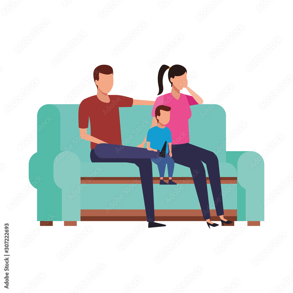 Wall mural family with little kid on couch icon, flat design