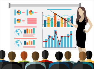 Cute woman character present about business lecture. Training staff, business presentation, meeting, financial report, business school. Flat illustration.