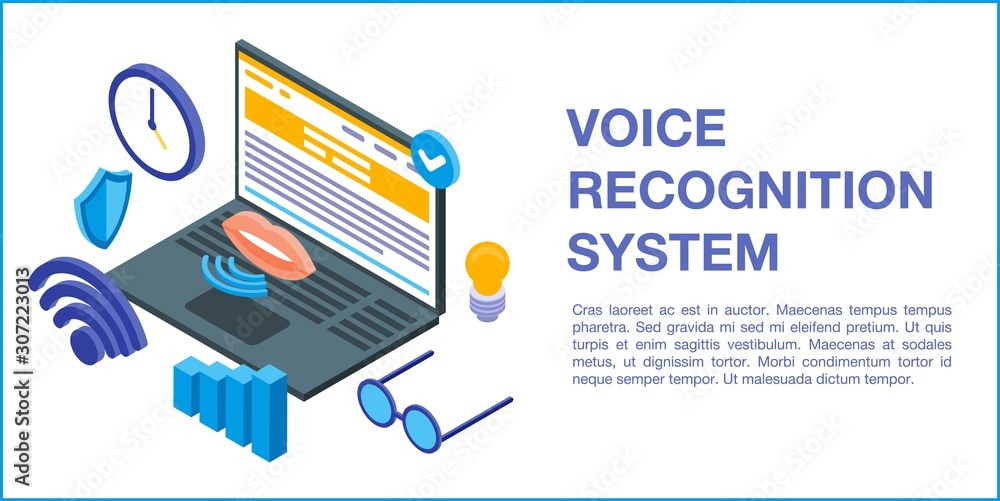 Poster voice recognition system concept banner. isometric illustration of voice recognition system vector c