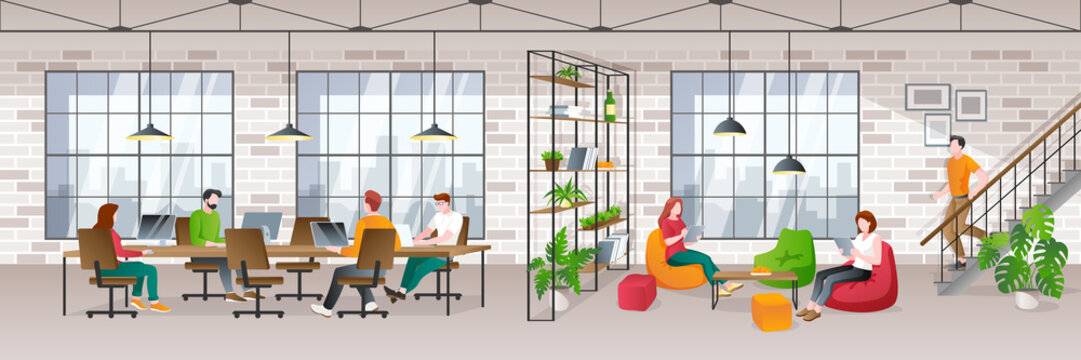 Coworking office loft interior with working people. Vector trendy flat illustration. Creative working space
