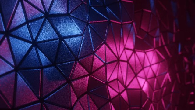 Abstract 3D visualization of a geometric low-poly surface. Computer animation loop. Modern background with polygonal shape. Neon light. Loopable motion design 4k UHD