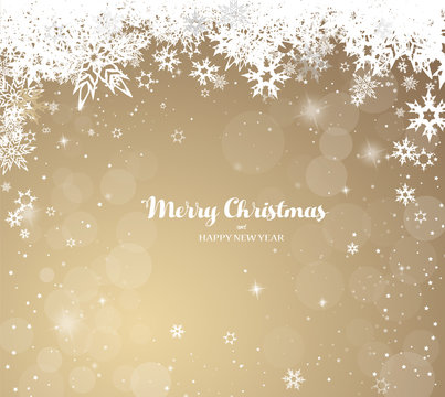 Christmas golden vector background illustration with snowflakes and Merry Christmas text
