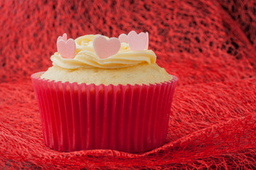 Vanilla cupcake with icing sugar and pink hearts