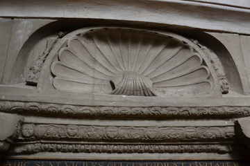 Pilgrimage symbol: bas-relief in the form of the shell of St. James on the wall of the Basilica of Saint-Sernin in Toulouse
