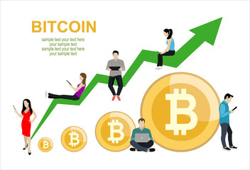 Bitcoin concept vector illustration of young people using laptop and smartphone for online funding and making investments for bitcoin and blockchain. Flat design of new technology