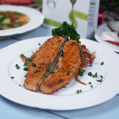  delicious grill steak fish on the table