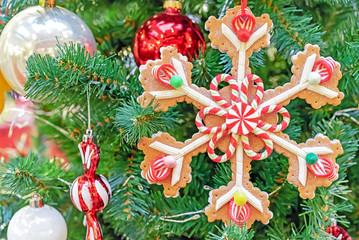 Christmas sugar cookies in the form of snowflake on a background of the Christmas tree.
