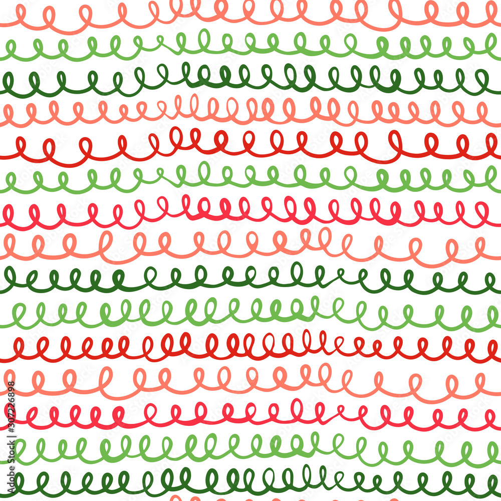 Poster minimalistic christmas seamless vector pattern with loops, curly lines in red, green and white color