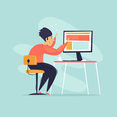 Programmer, analyst, businessman, office worker, sitting at a computer. Flat design vector illustration.