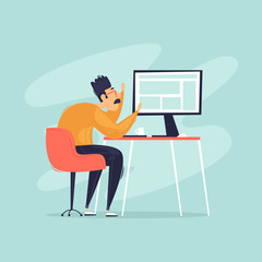 Programmer, analyst, businessman, office worker, sitting at a computer. Flat design vector illustration.