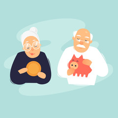 Pensioners are putting money in a piggy bank. Flat design vector illustration.
