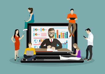 E-learning concept illustration of young people using laptop and smartphone for distance learning and education. Flat design