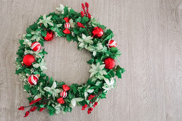 Christmas Wreath on Wooden Background - Left