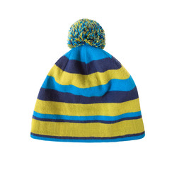 Striped blue and yellow knit cap with pom-pom isolated on white background. Wooly beanie hat for...