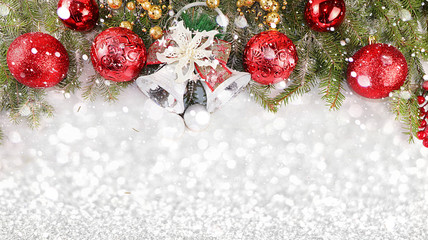 Christmas and New Year background with bokeh lights, for branches with decorations in snow flakes, place for text. Holiday card for congratulations, selective focus, banner for display.