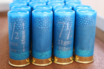 Fototapeta premium Close up of blue shotgun cartridges