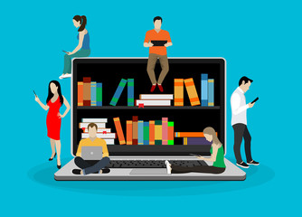 E-learning concept illustration of young people using laptop and smartphone for distance learning and education. Flat design