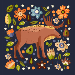 Cute cartoon moose vector animal square card. Brown elk card in a flat style. Woodland childish illustration with botanical foliage and flowers.