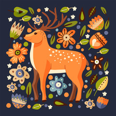 Ornate vector card with cute cartoon deer in a flat scandinavian style. Forest floral square postcard with fawn animal.