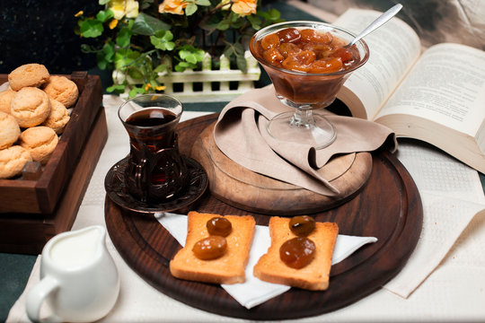 Sweet Blackthorn Jam, Sweet Toast And Tea On The Table