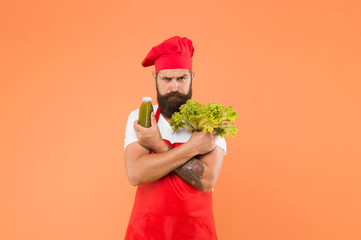 vegetarian lifestyle. raw healthy food concept. organic eco vegan products. bearded man chef in...