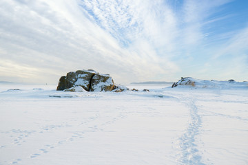 Walking trail on Baltic Sea ice, Turku, Finland.  © Finmiki