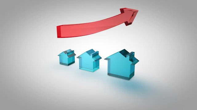 Property, real estate increase or rise - 3d animation of glass houses increasing in size and a glass upward arrow