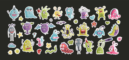 Huge vector cute funny monster clip art hand drawn collection. Colorful comic ugly party sticker character set. © trihubova