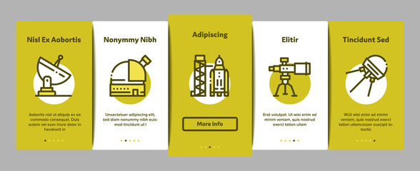 Fototapeta premium Astronaut Equipment Onboarding Mobile App Page Screen. Astronaut Spacesuit And Helmet, Shuttle And Satellite, Rocket And Asteroid Concept Illustrations