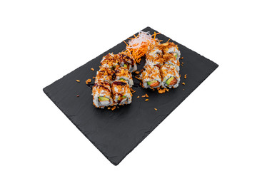 Artfully Delicious: Beautiful Assortment of Fresh Sushis Presented on Black Slate for Restaurant Menu