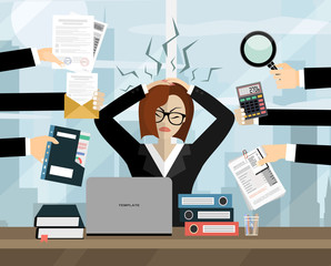 Stress at work concept flat illustration. Stressed out women in suit with glasses, in office at the desk surrounded by hands with office things