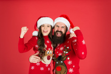 Father hug little daughter. Small child with dad celebrate christmas. Family values. Magical time of year. Winter holidays. Cheerful christmas to all. Greetings. Sincere emotions. Christmas tradition