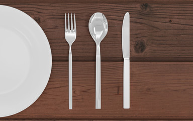 Fork, spoon, knife and plate isolated on wooden table 3d render illustration