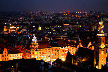 Wroclaw at night at sunset. View from above