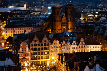Wroclaw at night at sunset. View from above