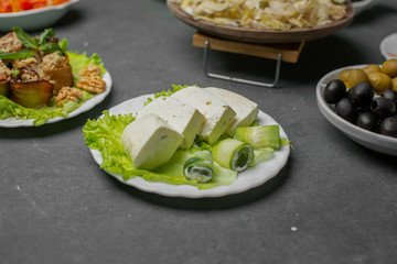 white cheese, olives and aubergine salad 