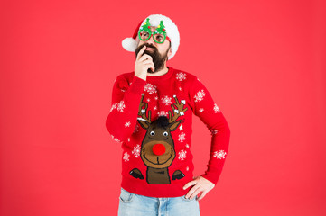 Knitted sweater. Happy new year. Christmas spirit. Funny outfit. Sweater with deer. Clothes shop....