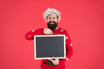 Event promotion. Christmas event. Invitation concept. Winter announcement. Winter event. Bearded hipster man blank blackboard copy space. Santa Claus advertisement. Chalkboard for information